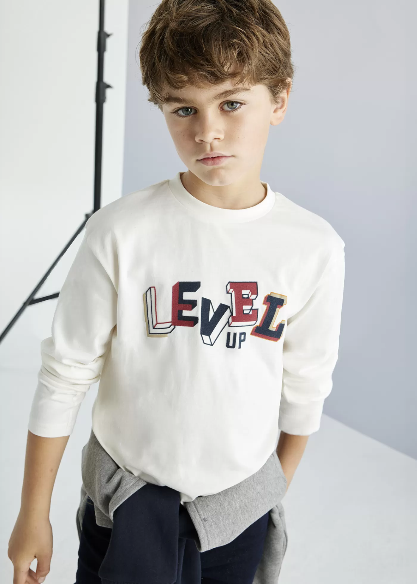 Mayoral Boy Embossed Text T-Shirt Cream Hot