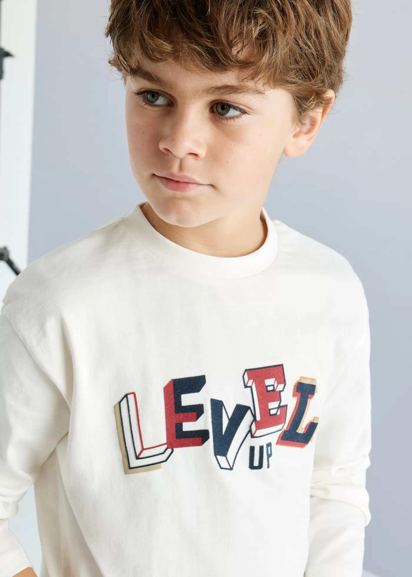 Mayoral Boy Embossed Text T-Shirt Cream Hot