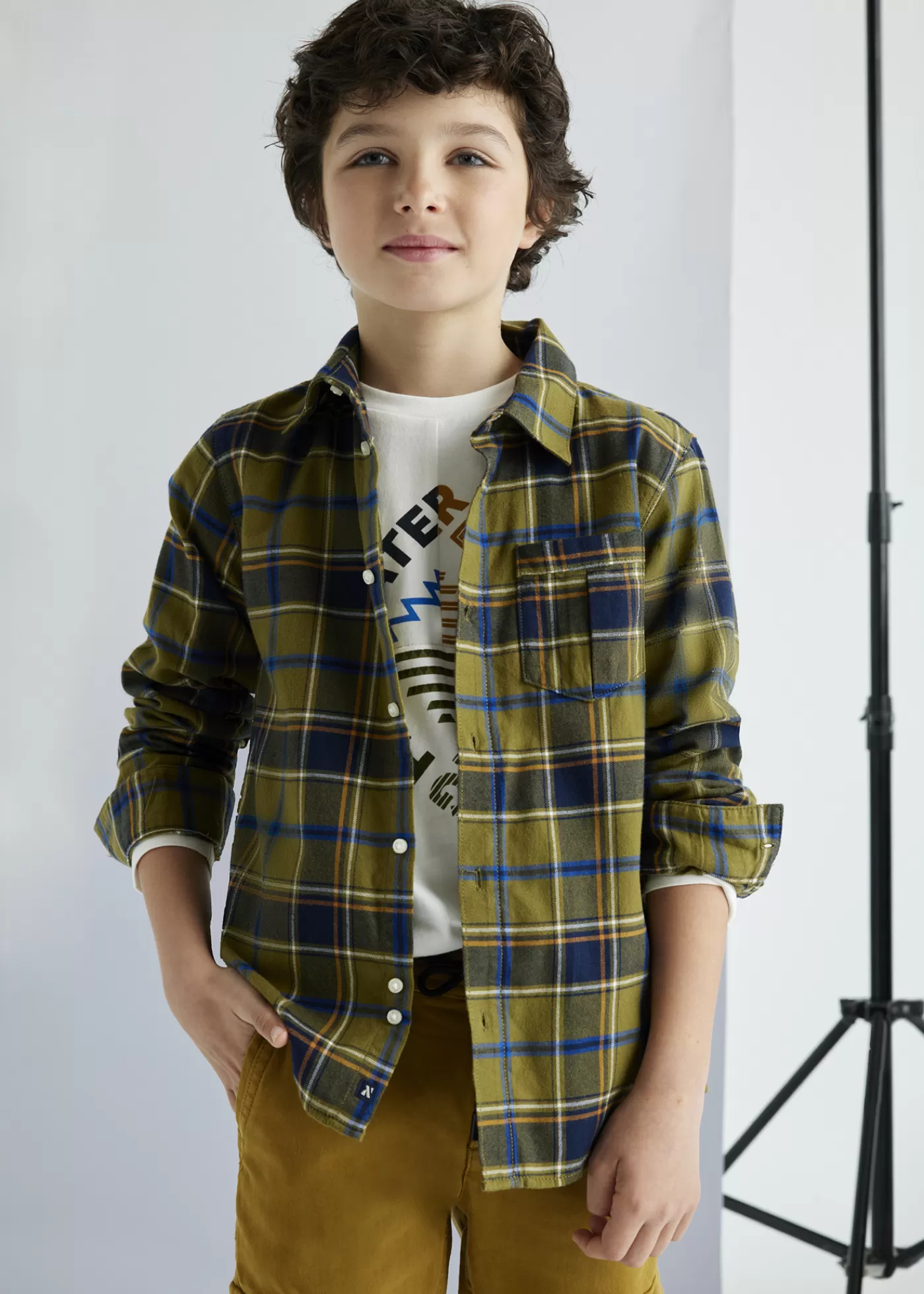 Mayoral Boy Flannel Plaid Shirt Khaki Cheap