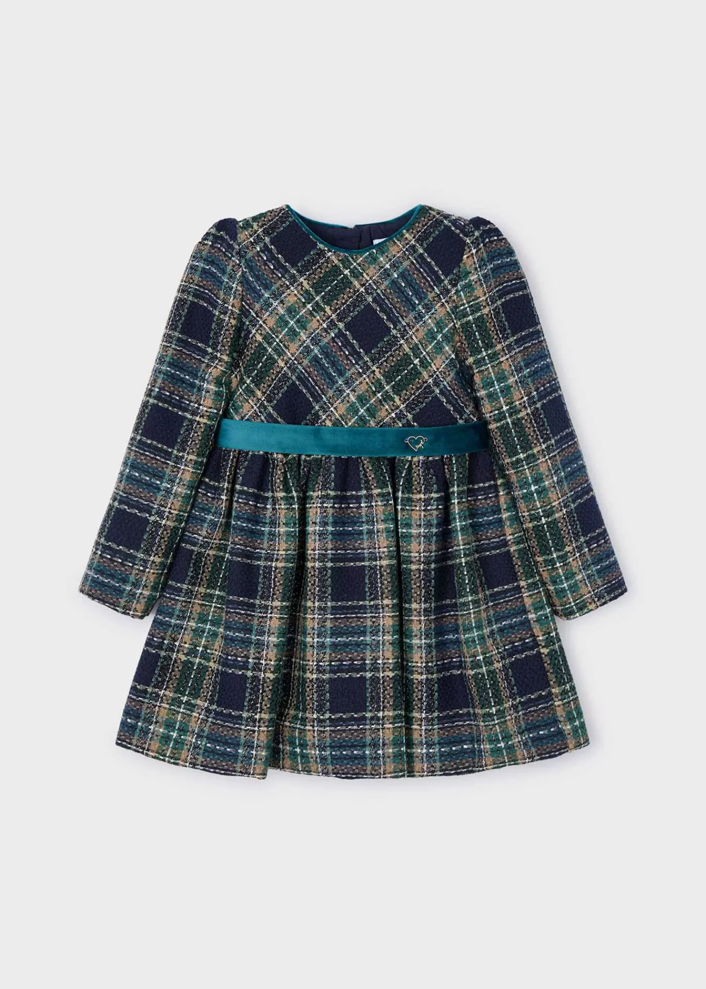 Mayoral Girl Checked Dress with Velvet Belt Navy-Bottlegreen Flash Sale