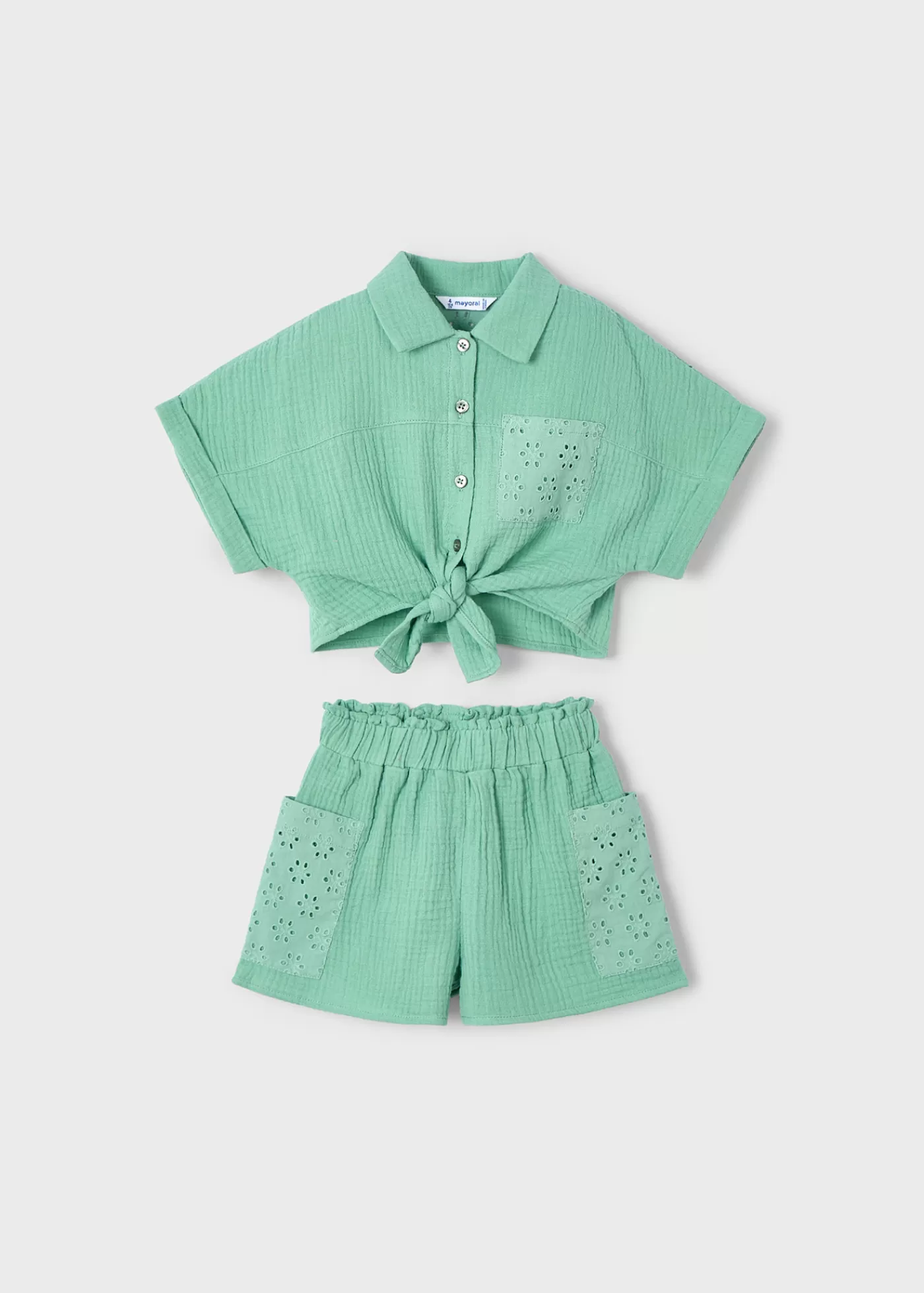 Mayoral Girl Eyelet Shorts and Blouse Set Mint Sale