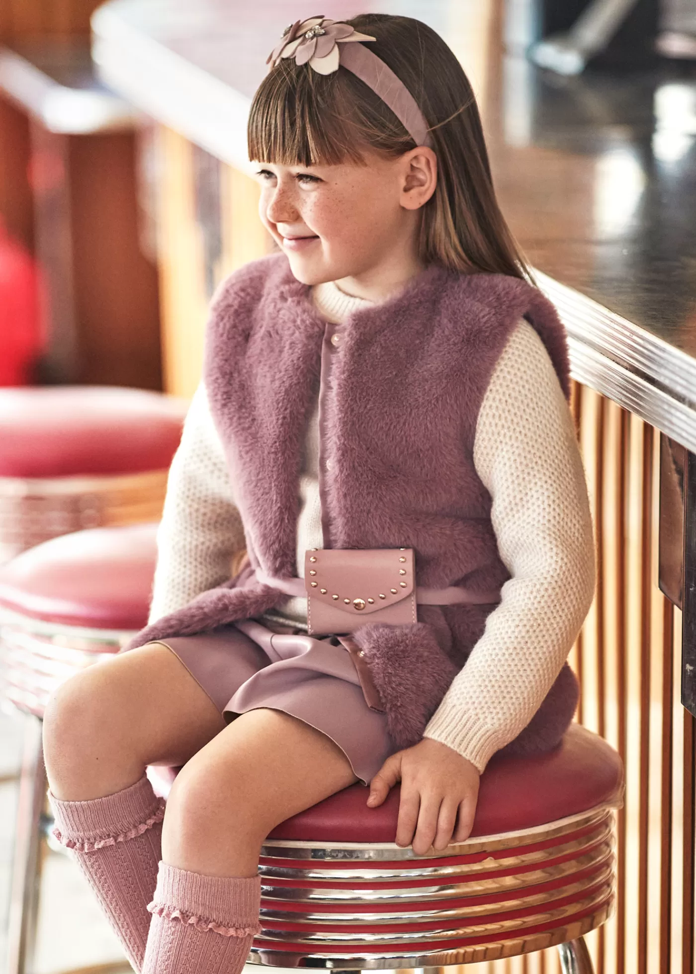 Mayoral Girl Faux Fur Vest with Belt Plum Hot