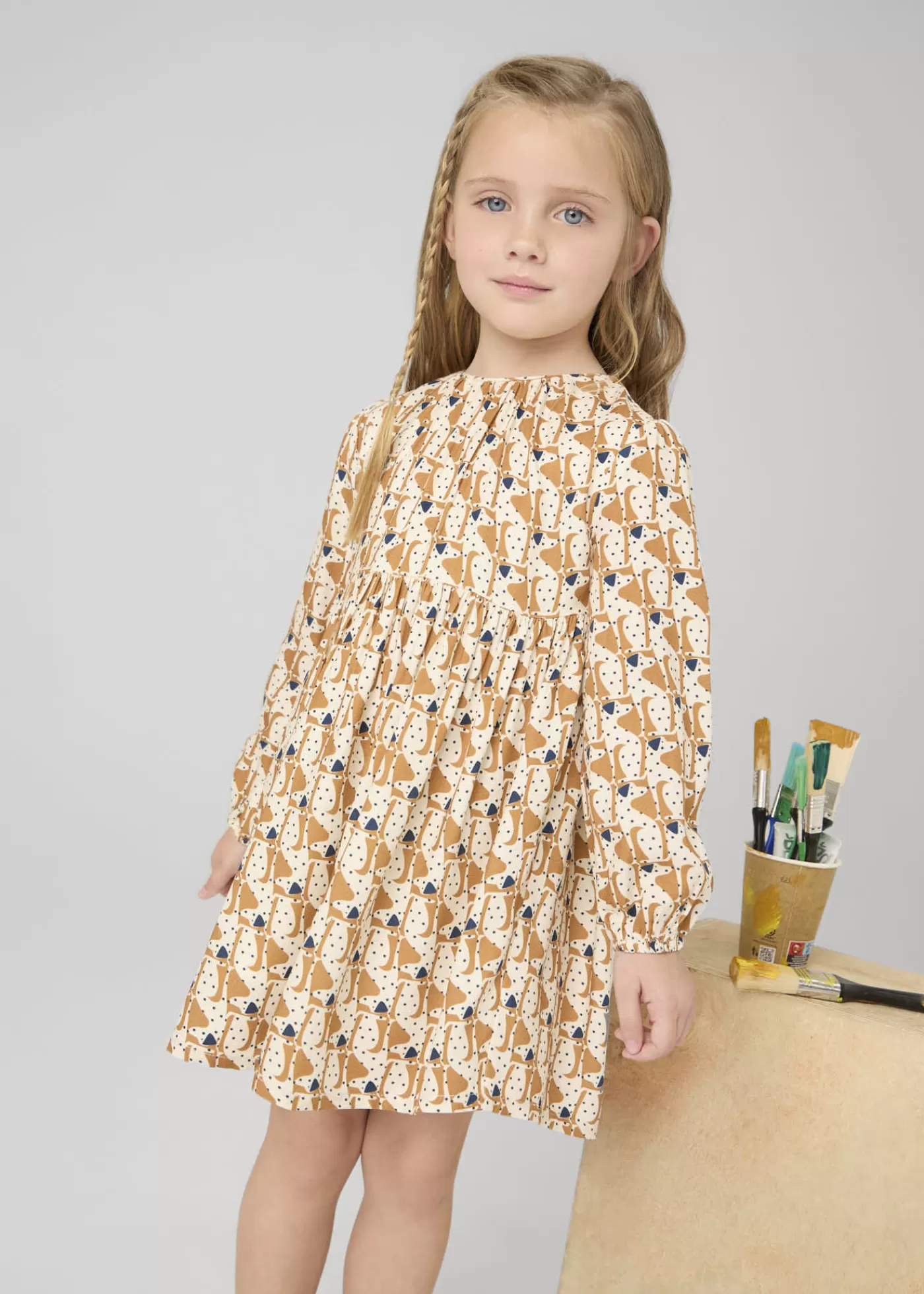 Mayoral Girl Puppy Print Flowy Dress Caramel Flash Sale