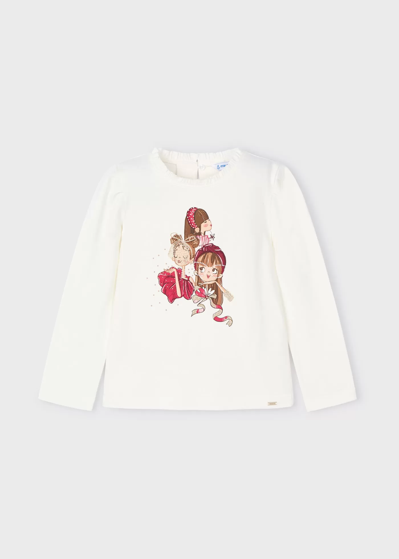 Mayoral Girl Ruffle Neck Print T-Shirt Offwhite-cherry Hot