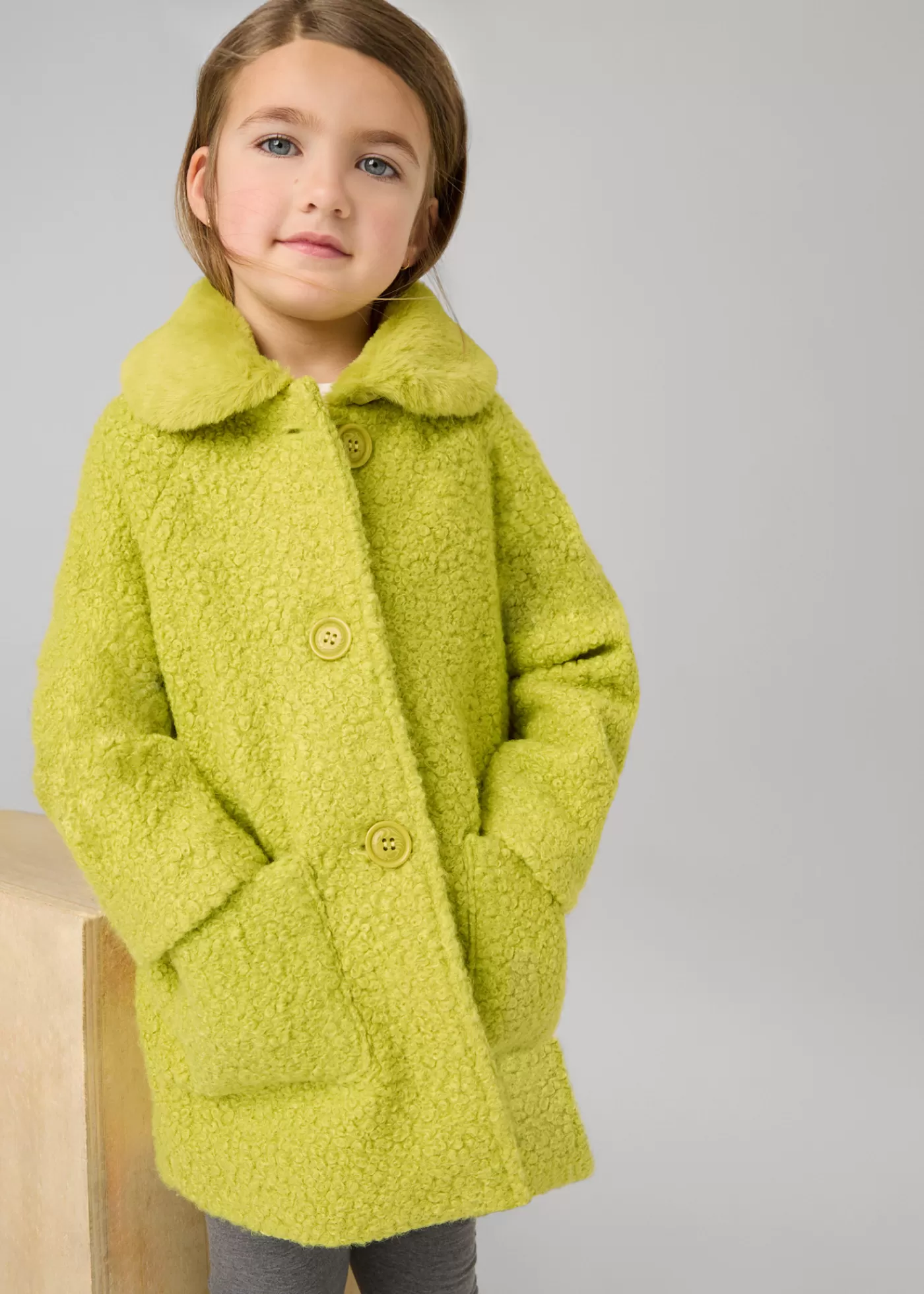 Mayoral Girl Teddy Coat with Faux Fur Collar Citronella Hot