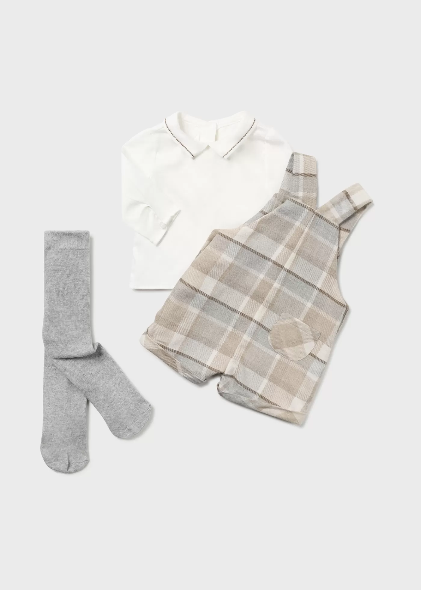 Mayoral Newborn 3 Piece Checked Dungarees Set Nut Clearance