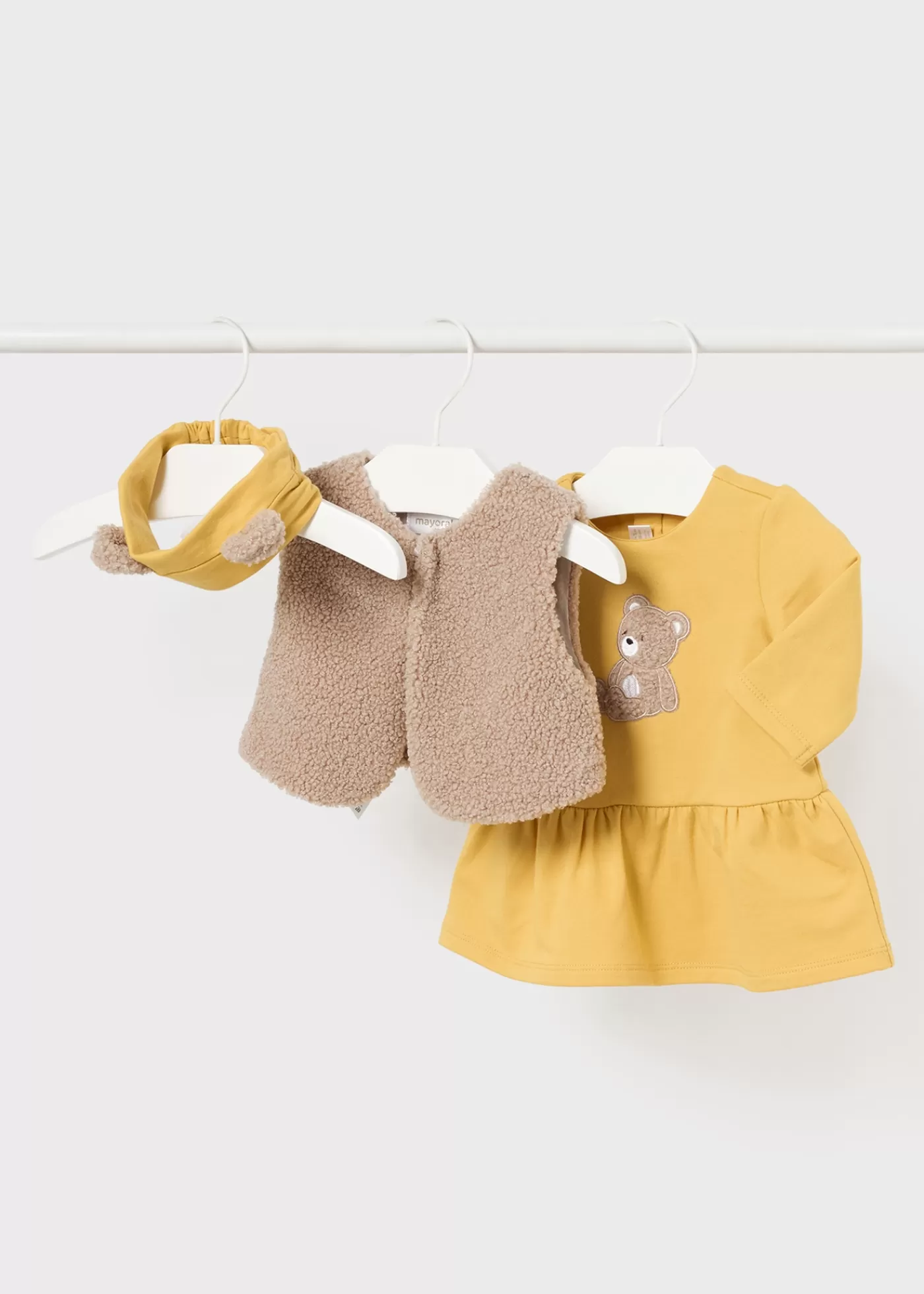 Mayoral Newborn Girl 3 Piece Set with Faux Fur Vest Curry Clearance