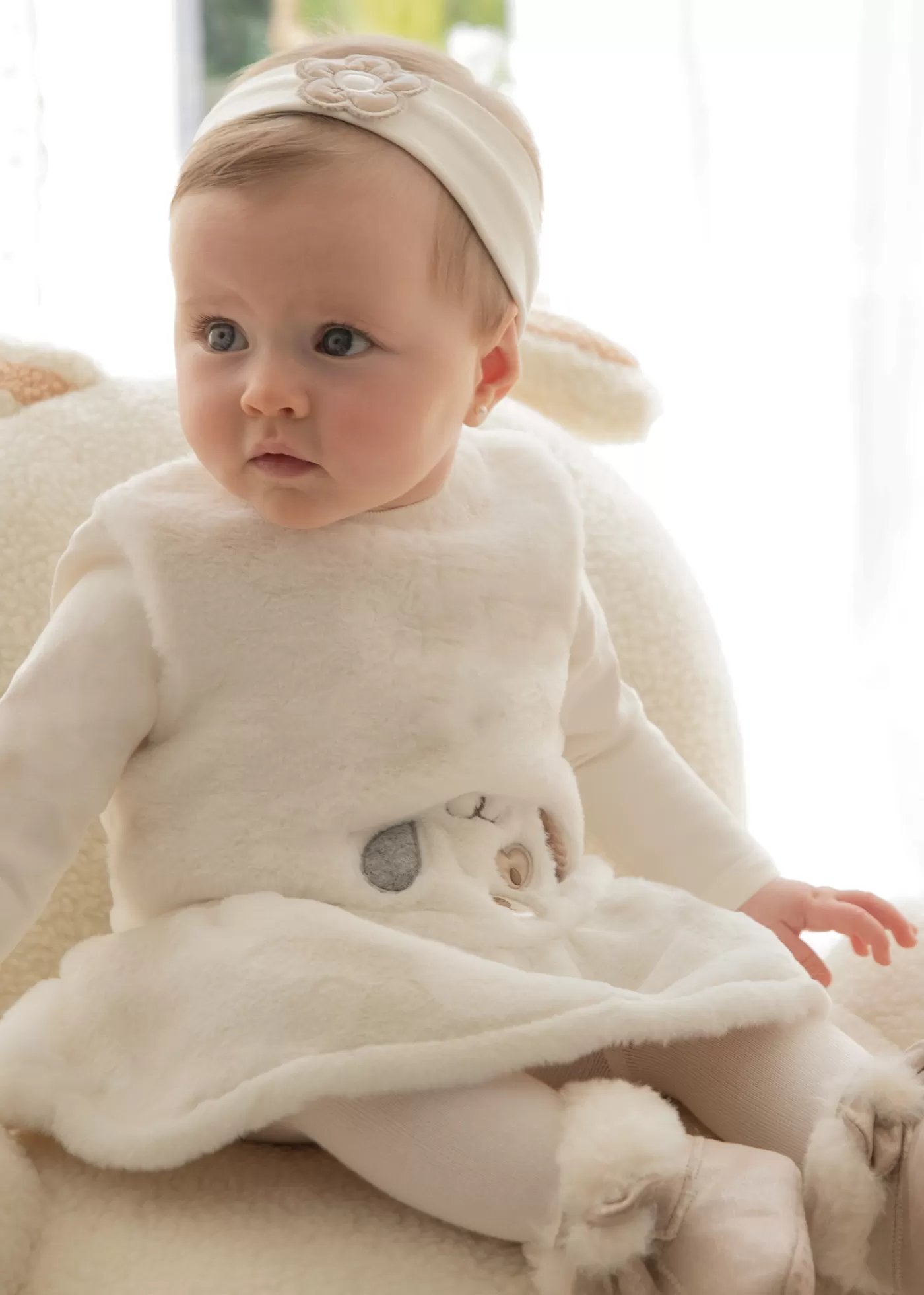 Mayoral Newborn Girl Faux Fur Dress with Headband Chickpea Sale