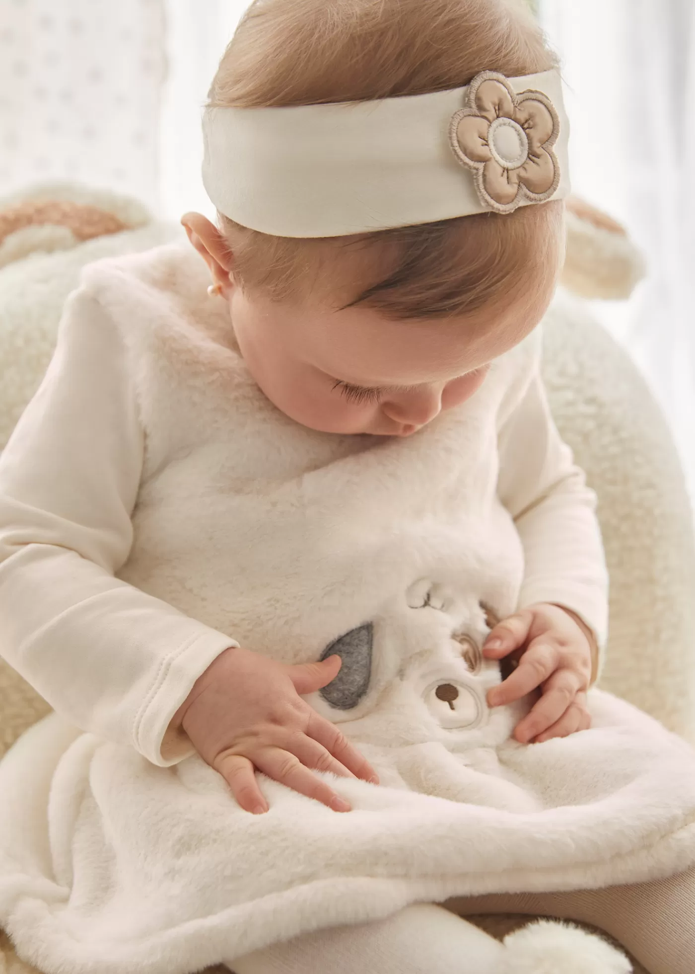 Mayoral Newborn Girl Faux Fur Dress with Headband Chickpea Sale